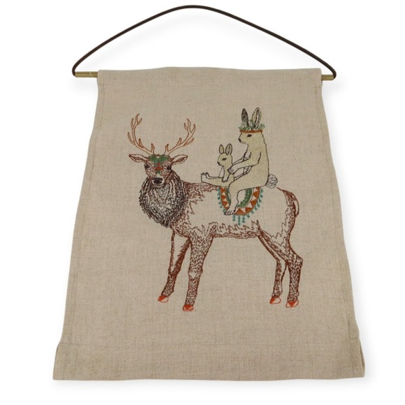 Other - Coral & Tusk Embroidered Rabbits Riding A Deer Wall Hanging ~9x12"